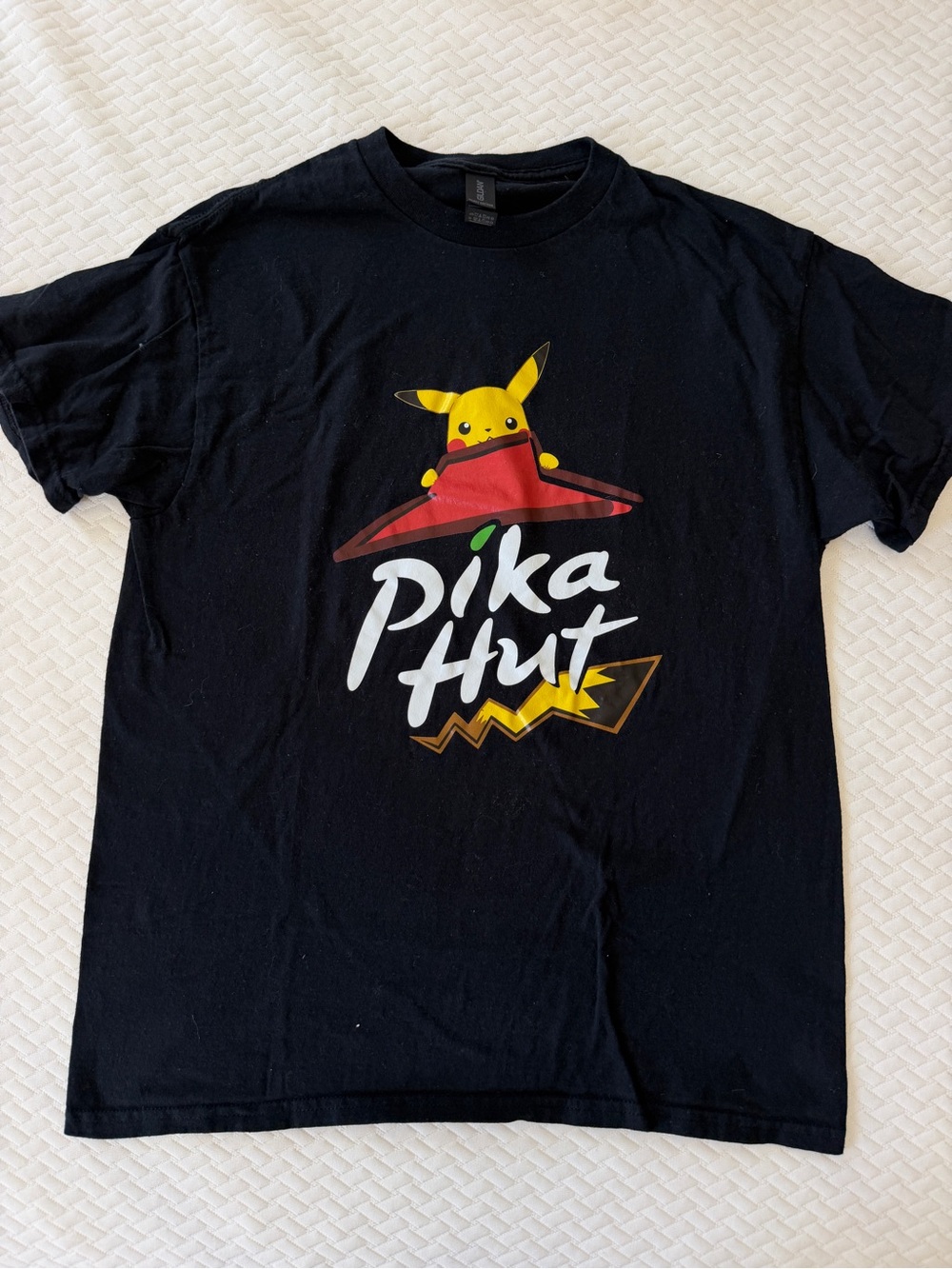 Gildan Black Tee with Yellow Pikachu and Red Hat Graphic